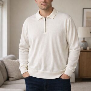 Men's XL White Pullover‎ Sweater Collared Long Sleeve Casual Saks Fifth Avenue